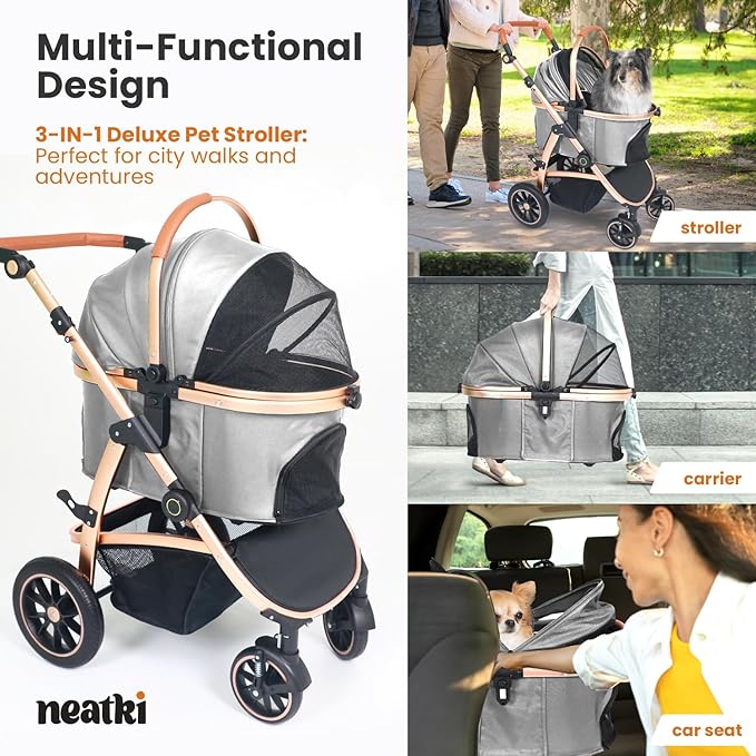 3 in 1 Pet Stroller for Small to Medium Dogs and Cats up to 55 lbs with Detachable Carrier/Car Seat, 34.44x24.21x 42.91, Foldable and Lightweight, Detachable Cushion + Cup Holder (Gray)