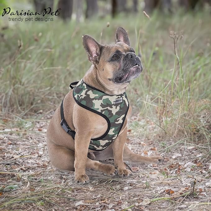 Parisian Pet Dog Harness - Adjustable Freedom Harness - Green Camo Dog Vest Harness - 100% Mesh Fabric Cooling Dog Harness - Idle for Outdoor Adventures - Dog Harness Medium Sized Dog - M