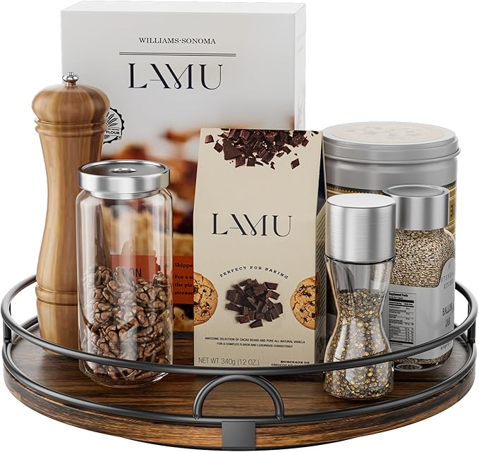LAMU 12'' Lazy Susan Organizer for Table Top,Wooden Lazy Susan Turntable for Cabinet,Kitchen,Spice Organization,Bathroom Vanity,Rotating Pantry Storage for Table Decor