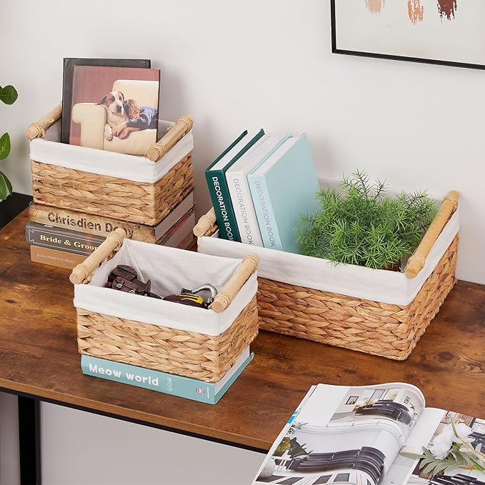 Vagusicc Wicker Storage Basket, 3-Packs Water Hyacinth Storage Baskets for Organizing, Large Cube Storage Organizer Baskets Bins with Handles for Shelves Decor, Small Toilet Paper Storage Basket