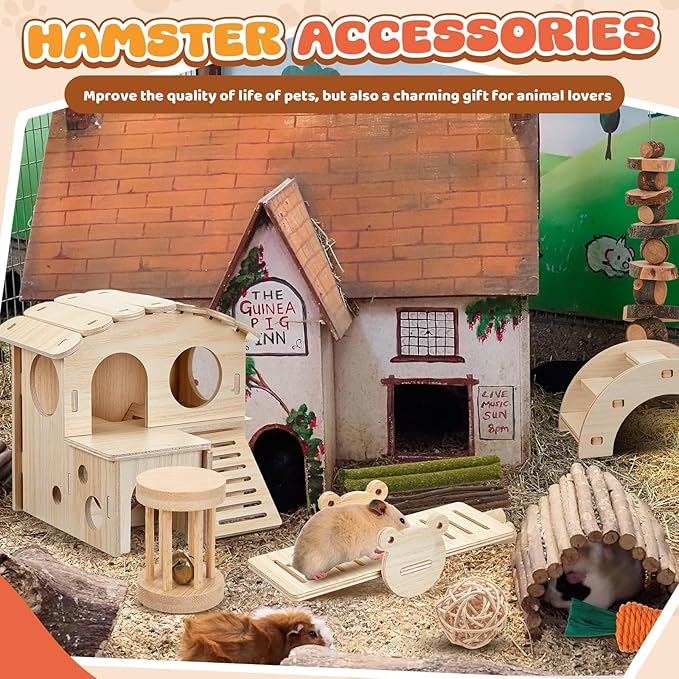 8 Pcs Hamster Cage Accessories Hamster Starter Kit with Maze Wood House, Bridge, Seesaw, Chew Toys Set for Gerbils and Mice Small Animals Habitat Supplies(Fun Villa)