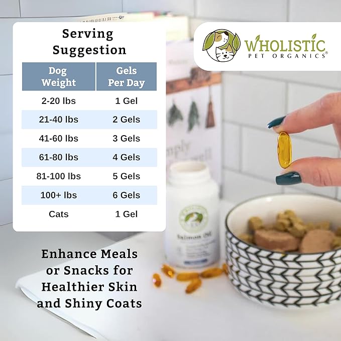 Wholistic Pet Organics Wild Alaskan Salmon Oil for Dogs and Cats - Omega 3 Fish Oil for Dogs & Cats - Cat & Dog Skin and Coat Supplement, Heart and Joint Health - DHA, EPA Omega 3 6 9-100 Soft Gels