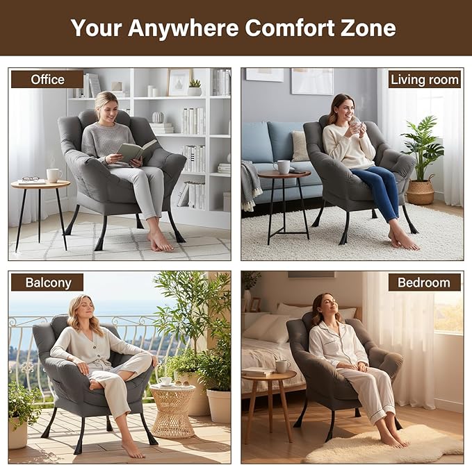 Welnow Lazy Chair for Living Room, Modern Reading Lounge Accent Chair with Armrests and a Side Pocket, Leisure Upholstered Lazy Sofa for Small Space, Bedroom, Dorm, Dark Grey