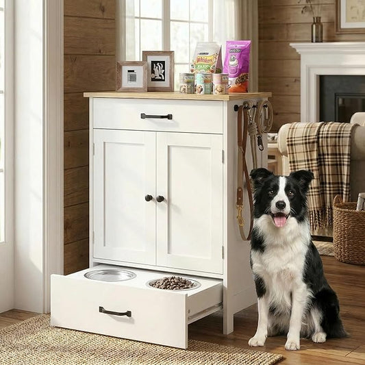 Dog Feeding Station with 2 Elevated Dog Bowls, Food Storage with Adjustable Shelf and Sliding Drawer, Hidden Pet Feeder Station for Cats and Dogs, White