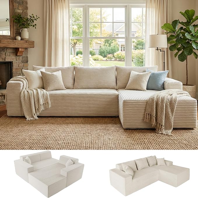 Claiks Boneless Couch, Cloud Couch Sectional, L-Shape Corduroy Modular Sectional Sofa Deep Seat, Upholstered Couches for Living Room, No Assembly Required, Beige, Right Facing Chaise