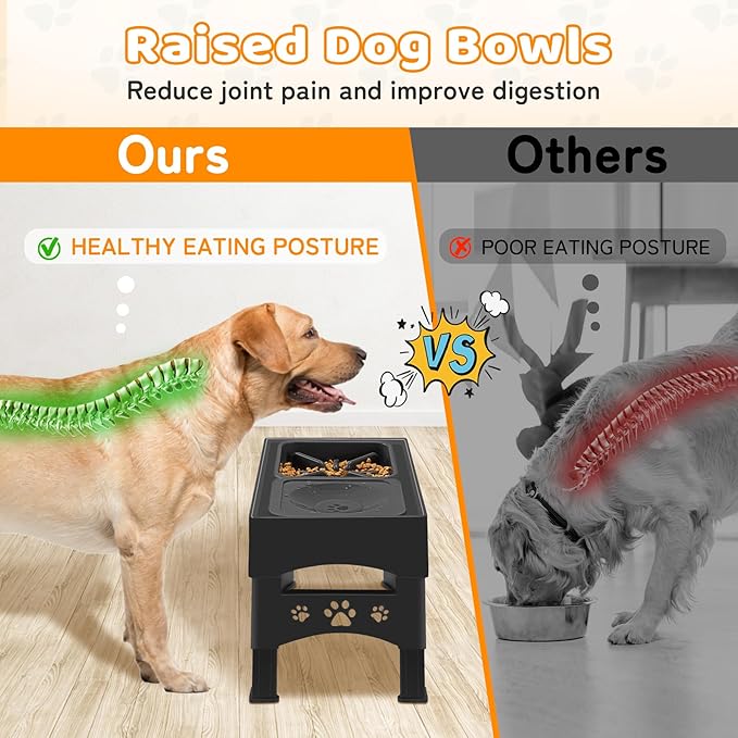 Elevated Slow Feeder Dog Bowls, Adjustable Raised Dog Bowl with No-Spill Water Bowl, Non-Slip Stand for Large, Medium, Small Dogs - 4 Heights: 3.7", 8.5", 10.1", 11.7" - Black