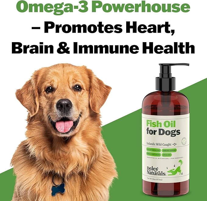 Deley Naturals Fish Oil for Dogs - Itch Relief for Dogs with Omega 3 6 9 for Skin, Joints, Heart and Brain Health - Icelandic Omega 3 Fish Oil for Dogs Skin Irritation - 16oz Omega Oil Made in USA