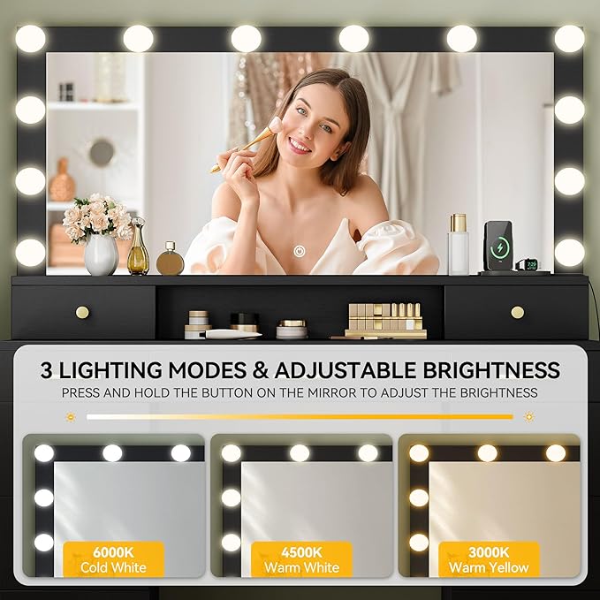 YITAHOME Large Vanity Desk with Mirror and Lights, Big Makeup Vanity with Power Outlets & 11 Drawers, 3 Lighting Modes Adjustable Bedroom Dressing Table for Bedroom, Dressing Room, Black