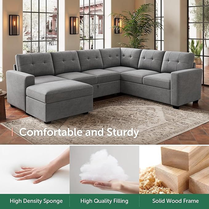 HONBAY 106.2 Inch U-Shaped Sectional Sleeper Sofa with Pull-Out Bed & Storage Ottoman, 7-Seater Sectional Sofa for Living Room, Pet-Resistant Fabric Couch, Grey