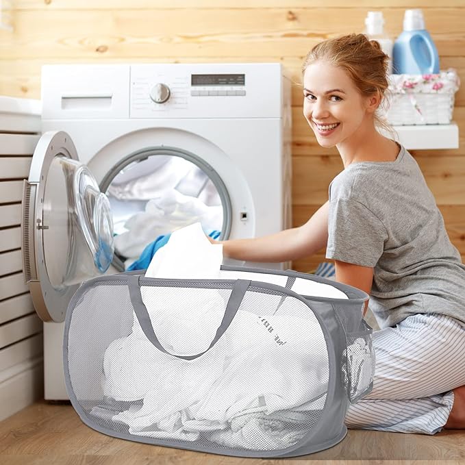 3 Pack Collapsible Laundry Baskets, Foldable Laundry Basket with Pocket, Mesh Pop Up Hampers, Reinforced Handles Dirty Clothes Hamper for Laundry, Bedroom, Bathroom, Dorm, Travel or Camping Grey