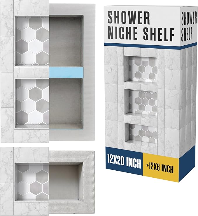 Houseables Shower Niche, Shower Niche Insert Tile Ready, Recessed Bathroom Storage, 12x20 + 12x6, in Wall Shelf, Cubby Inserts, Recessed Shampoo Caddy, Inset Shelves, Built in Nook, Soap Box, Prefab