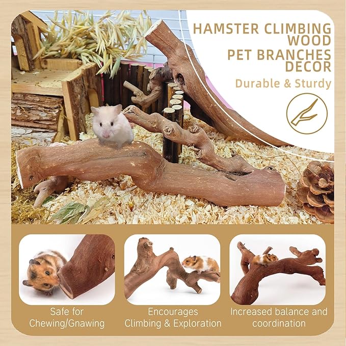 kathson 2Pcs Wood Hamster Climbing Branches Decor, Natural Wooden Syrian Hamster Climb Chewing Toys, Rat Exercise Toys, Small Animal Habitat Decor Accessories for Dwarf Pets, Mice, Gerbils