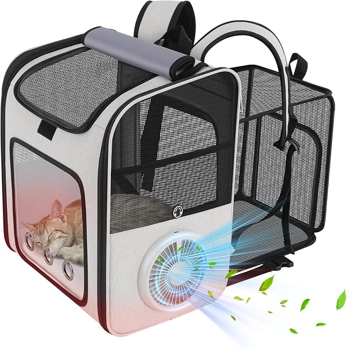 Cat Backpack Carrier with Fan & Heating Pad, Expandable Cat Carrier Backpack for Cats up to 18 lbs, Breathable Pet Travel Backpack, Ventilated Cat Dog Carrier for Hiking/Outdoor/Vet Visits
