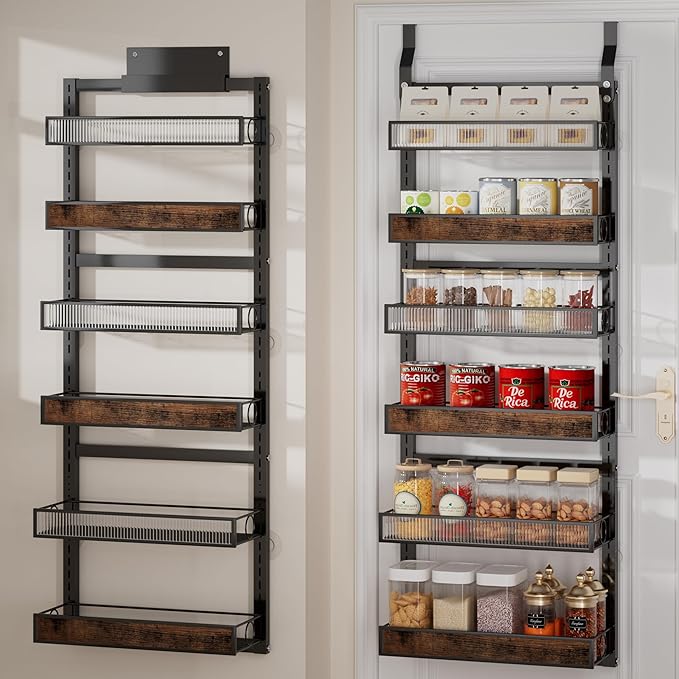 6 Tier Over the Door Pantry Organizer 2 IN 1 Hanging or Wall Mounted Spice Rack with Adjustable Basket,Heavy Duty Seasonning Storage Shelf for Kitchen Pantry and Bathroom,Black