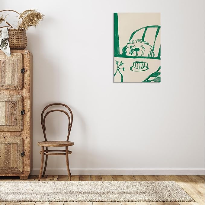 Funny Sneaky Dog Poster Abstract Coffee Breakfast Canvas Wall Art Modern Minimalist Animal Sketch Artwork Prints Painting For Living Room Kitchen Dining Room Wall Decor 16x24in Wrapped Canvas
