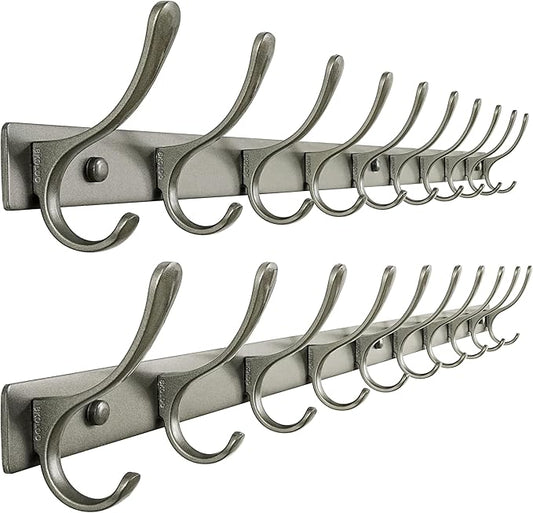 SKOLOO Coat Rack Wall Mounted - 10 Hooks, Pack of 2, Heavy Duty, Stainless Steel, Metal Wall Hangers, Sturdy Coat Hooks for Hanging Coats, Jacket, Clothes, Hat, Matte Grey