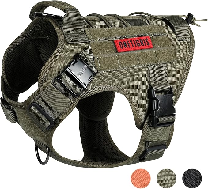OneTigris Tactical Dog Harness Vest with Handle, Military Dog Harness for Large Medium Dogs,FIRE Watcher 2.0 No-Pull Service Dog Vest,Adjustable Dog Vest Harness for Walking Hiking Training(L,Green)