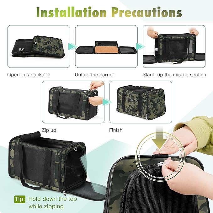 Cat Carrier Soft 25lbs Two Loading Pet Carriers Portable Small Dog Puppy Airline Approved Carrier with Side Pockets Foldable Portable for Outdoor Car Black Camouflage