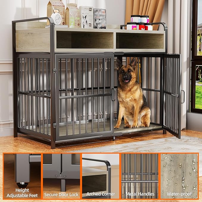Large Dog Crate Furniture with Drawers Storage, Puppy Dog Kennel Indoor with Double Doors, Heavy Duty Wooden Dog Cage Table, Sturdy Metal, Gray
