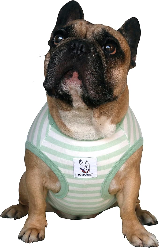 iChoue English Bulldog 100% Breathable Cotton Striped T Shirts Halloween Vest Clothes for Medium Dogs Tank Tops Puppy French Frenchie Pug Boston Terrier Pitbull Green White Stripes - XLarge
