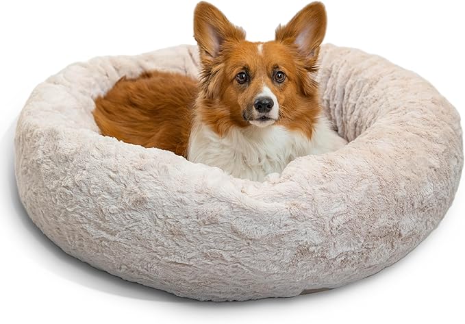 Best Friends by Sheri The Original Calming Donut Dog Bed – Washable Plush Pet Bed for Medium Breeds up to 45 lbs, Lux Faux Fur, Oyster, Medium (30" x 30")