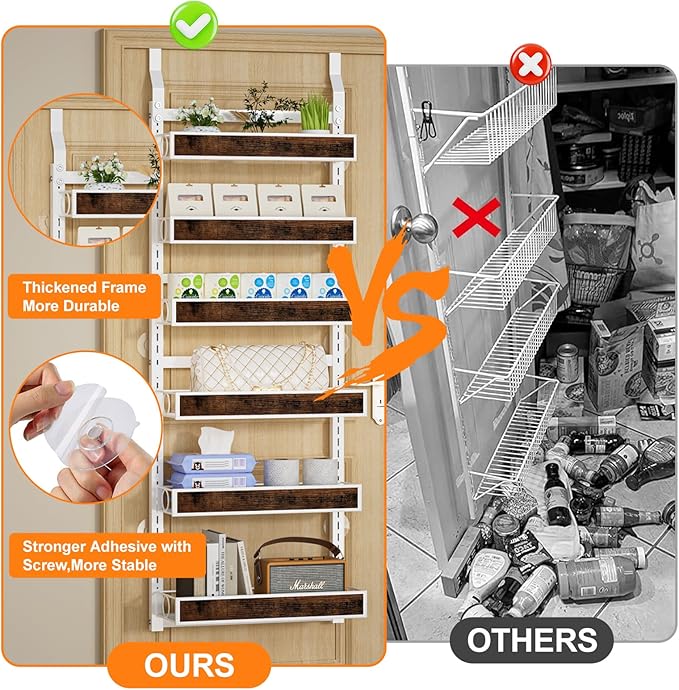6 Tier Over The Door Pantry Orangizer 2 IN 1 Wall Mounted or Hanging Spice Rack with Adjustable Wood Basket,Heavy Duty Seasoning Storage Shelf for Kitchen Pantry and Bathroom