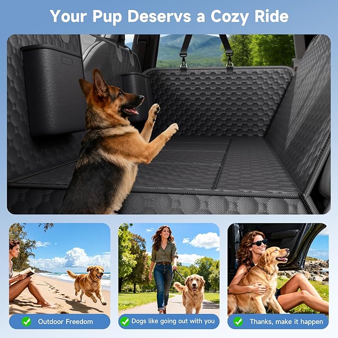 Dog Car Seat Cover for Back Seat Waterproof Oxford Fabric, Hard Bottom Back Seat Extender for Dogs Scratchproof, Dog Hammock for Car with Mesh Window, Fit Most Cars Small Trucks, Black