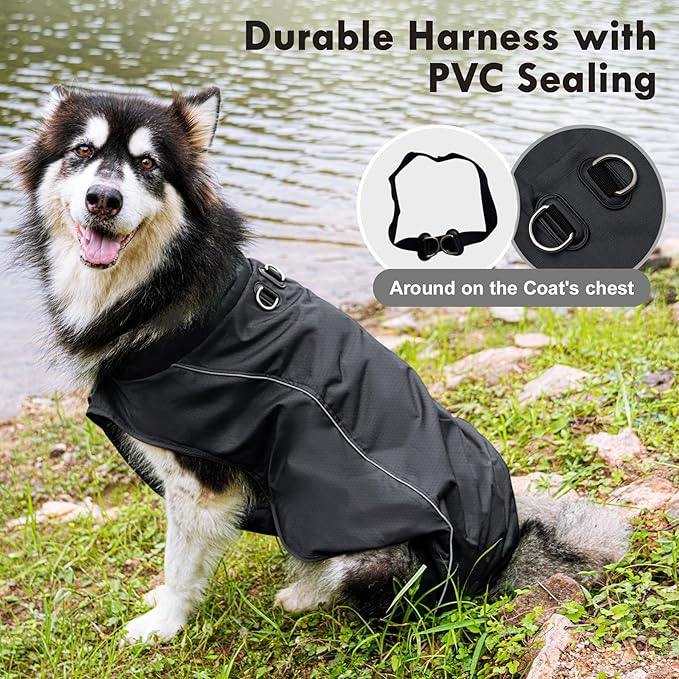 Outdoor Waterproof Dog Jacket for Large Dogs,Doggie Coats with Harness Buitl in D-Ring Warm Fleece Dog Clothes for Cold Winter,Black 3XL