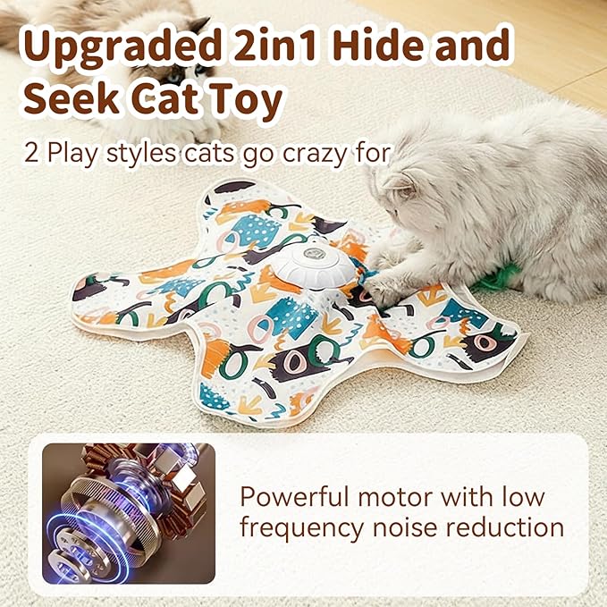 Cat Toys for Indoor Cats,Rechargeable Interactive Cat Toy with Touch-Activated Hide and Seek,Fluttering Feather and Mouse Squeaker for Bored Indoor Adult Cats Easter Gifts White