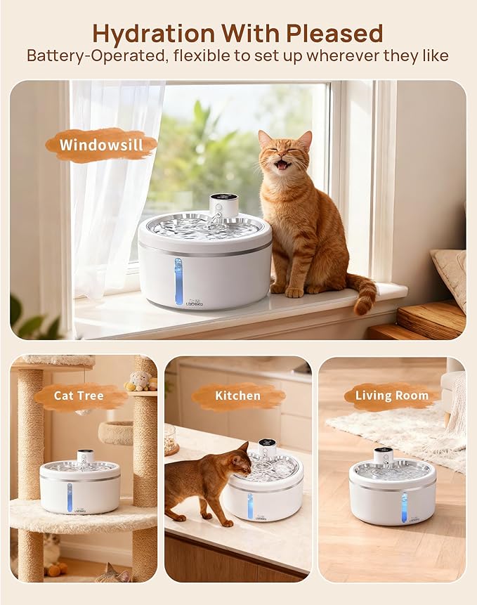 Wireless Cat Water Fountain with Stainless Steel Tray, 84oz/2.5L Pet Water Fountain for Cats Inside, Cat Fountain for Drinking with Motion Sensor, Ultra Quiet Pump for Pets& Small Animals (White)