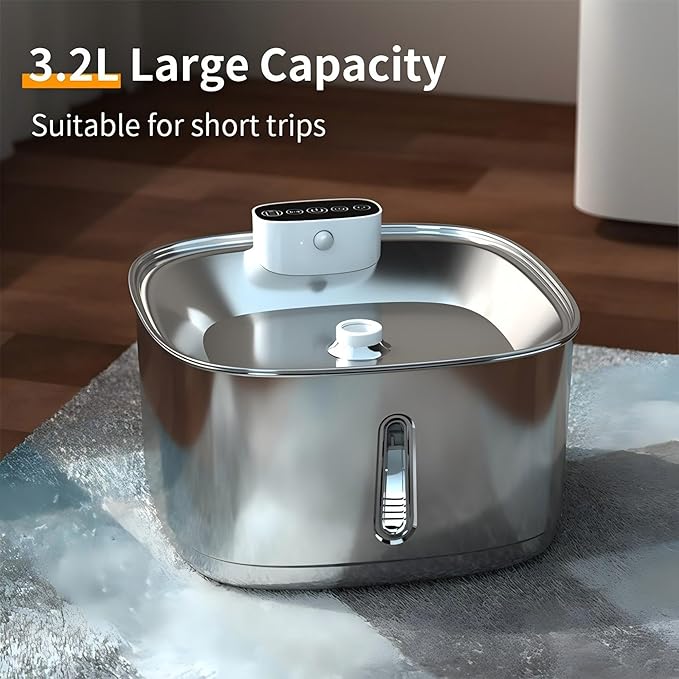 Cat Water Fountain Stainless Steel- 108oz/3.2L Pet Water Fountain Cordless with Motion Sensor, 4 Replacement Filters, Ultra-Quiet Auto Dog Water Dispenser Battery Powered (Stainless Steel-1)