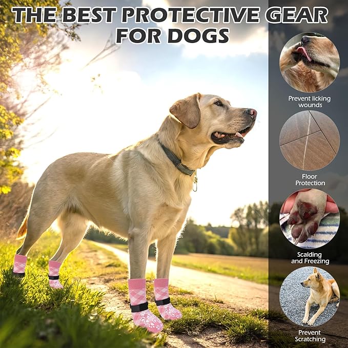 EXPAWLORER Dog Socks for Cold Winter Snow to Prevent Licking Paws, Anti Slip Doggie Booties Grippy Shoes for Hardwood Floors, Boots & Paw Protectors for Small Medium Large Senior Dogs Pink L