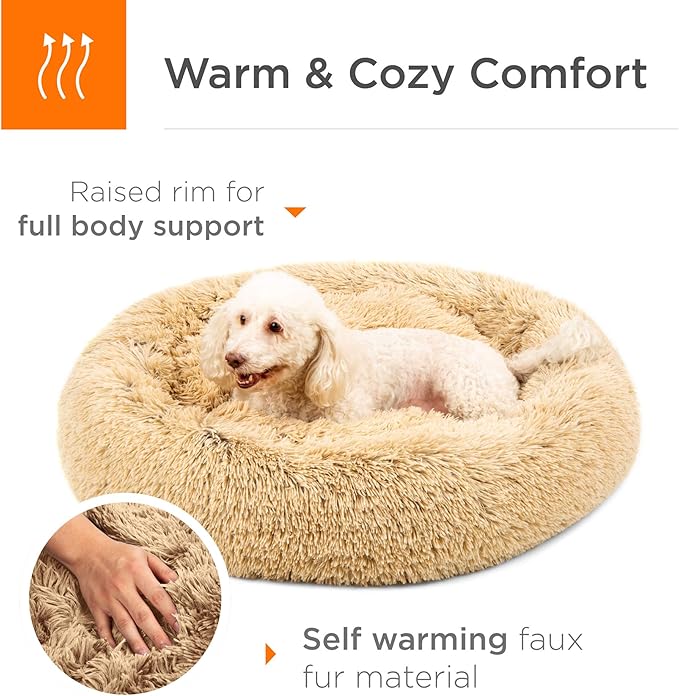 Best Choice Products 36in Dog Bed Self-Warming Plush Shag Fur Donut Calming Pet Bed Cuddler w/Water-Resistant Lining, Raised Rim - Brown