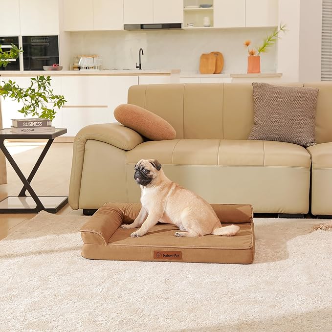 Orthopedic Memory Foam Dog Bed, Removable Washable Microsuede Cover, TPU Waterproof Liner, Nonskid Bottom, for Indoor, Outdoor, Crate ＆ Car Use, 35x23x6 Inches, Khaki