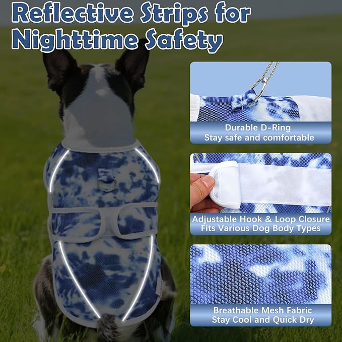 Dog Cooling Vest – Lightweight Pet Cooling Shirt 3D Breathable Mesh, Reflective Strips & UV Protection for Walking, Hiking, Park – Adjustable Fit Dog Cooler Jacket with D-Ring U-DCV04L