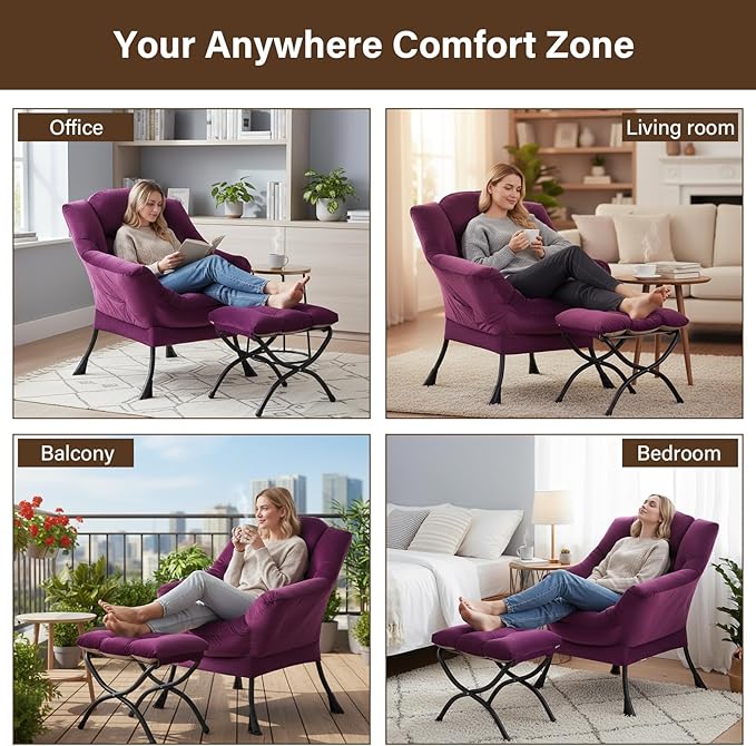 Welnow Lazy Chair with Ottoman, Modern Lounge Accent Chair with Armrests and a Side Pocket, Leisure Sofa Armchair Set, Reading Armchair with Footrest for Small Space, Dark Purple