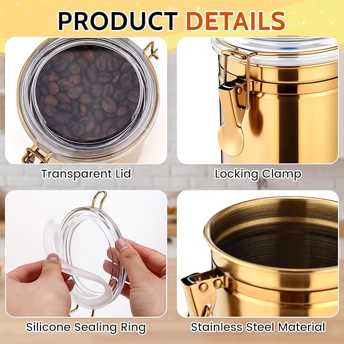 6 Pcs Stainless Steel Food Storage Containers Set Airtight Kitchen Canisters Coffee Jar with Clear Lid and Locking Clamp for Coffee Bean, Tea, Flour, Sugar, Cookie Storage(27 oz)