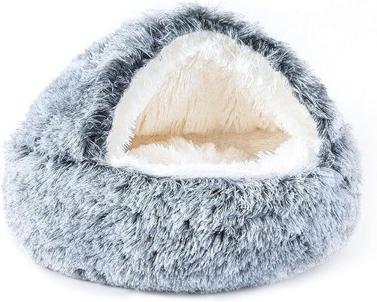 NOYAL Round Hooded Donut Dog Bed for Small & Medium Pets - Plush Fluffy Anti-Anxiety Cat Cave Bed with Cover