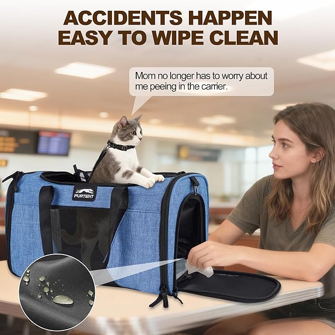 Cat Carrier with Wheels TSA Approved up to 13lbs, Rolling Airline Pet Carriers Under Seat 16.5 * 11 * 10.2in, Soft-Sided Bag for Small Cats and Dogs with Locking Safety Zippers and Pet Bowl, Blue