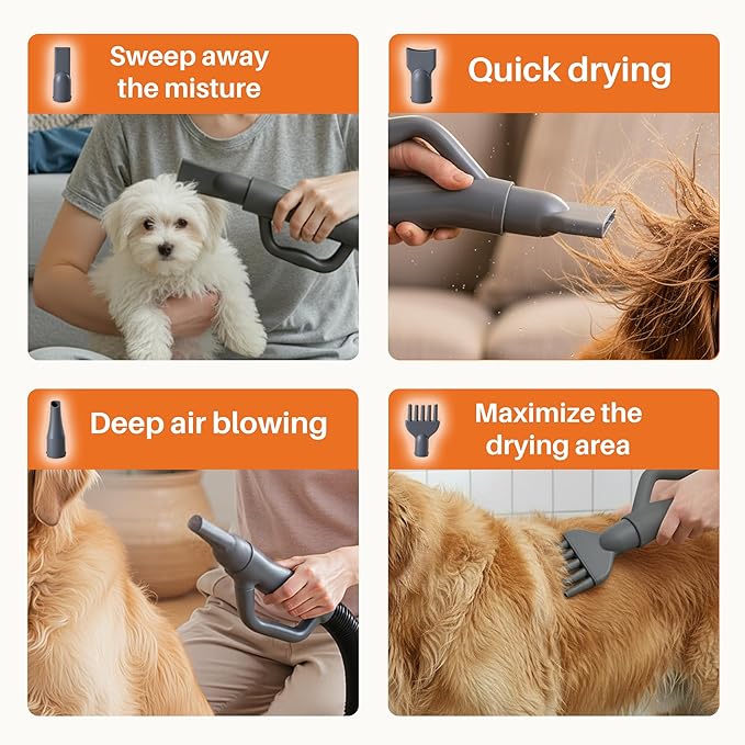 NEWBULIG Dog Hair Dryer, 1550W High Velocity Pet Blow Dryer with Heater for Grooming, Speed Temperature Adjustable Dog Blower Grooming Dryer with 4 Nozzles