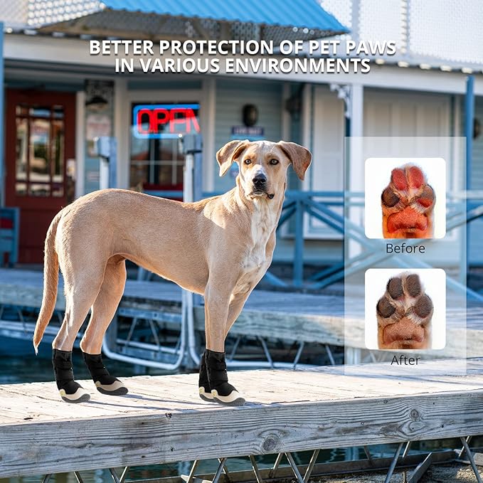 Dog Shoes for Hot Pavement Anti-Slip Dog Boots & Paw Protectors for Summer Rainy Day Dog Snow Boots Waterproof Dog Shoes for Small Medium Large Dogs with Reflective Straps for Hiking 4Pcs