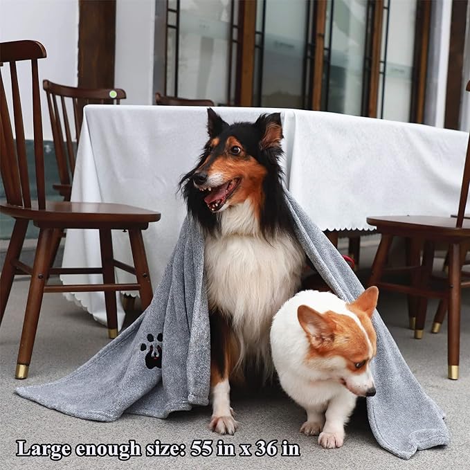 Extra Large Dog Towel - Pack of 2 - Super Absorbent Soft Microfiber Pet Bath Grooming Towels for Drying Dogs and Other Pets (XL-55" * 36", Green and Gery)