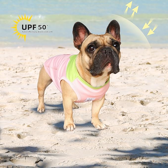 iChoue French Bulldog Summer Cooling Shirt for Dogs UV Sun Protection Vest Sleeveless Breathable Tank Top English Pug Pink Green - Large