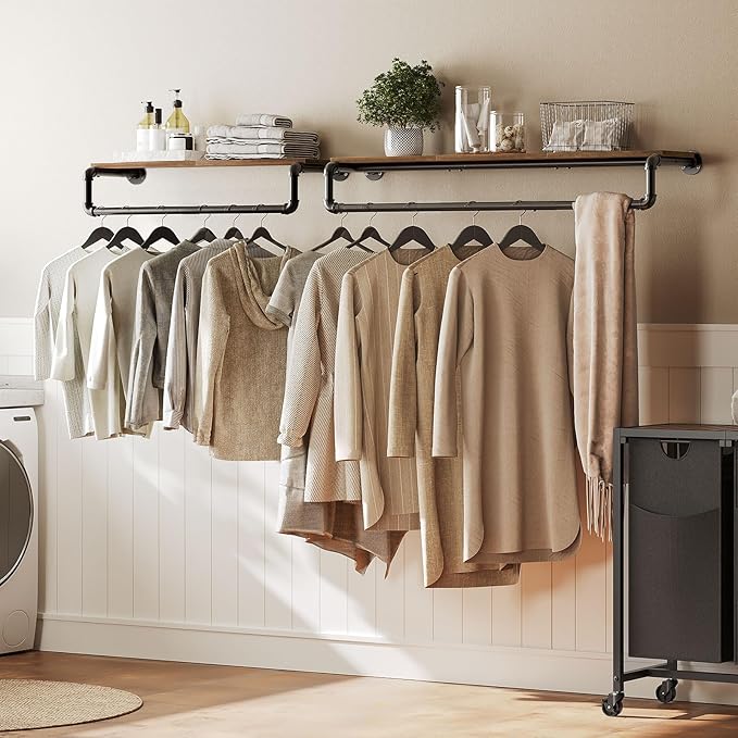 Pipe Clothes Rack, 43.3 in Wall Mounted Garment Rack with Top Shelf, Industrial Clothing Rack with Hanging Rod, Heavy Duty Detachable, Space Saver Hanging Clothes Rack, Rustic Brown FS11BRY1