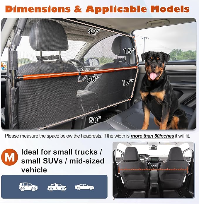 Dog Car Barrier, 50" Wide See Through Car Divider Back Seat for Cargo Area,Travel Trunk Backseat Car Net Mesh Separator for Dogs, Pet Restraint Car Net Barrier for Small SUVs or CUVs Cargo