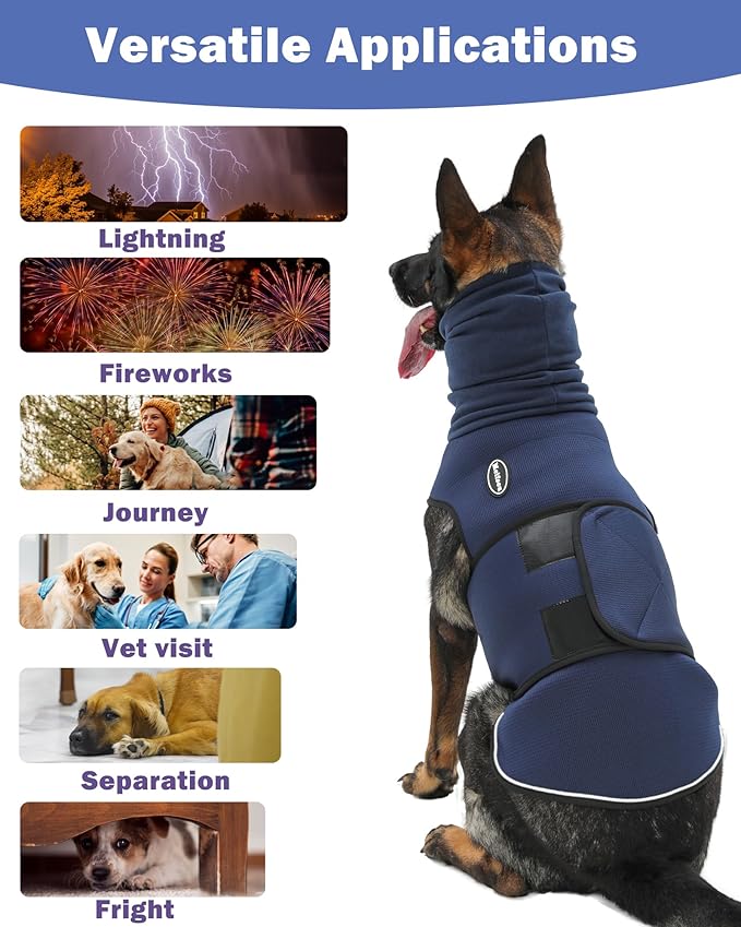 Dog Anxiety Vest with Hood, Skin-Friendly Thunder Jacket for Dogs, All-in-One Dog Calming Shirt with Hood for Thunder, Fireworks, Separation - Keep Pet Calm Without Medicine, Dark Blue, S