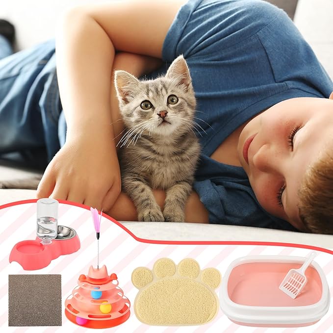 5 Pcs Small Cat Kitten Starter Kit Include Litter Box with Shovel Cat Paw Litter Mat Scratch Pad Automatic Bowls Turntable Toys Balls Essentials Kits for Kittens Life(Pink)