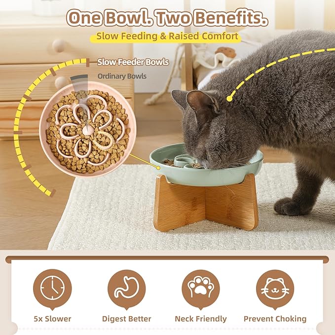 Elevated Slow Feeder Cat Bowl - Melamine Cat Dish with Anti-Slip Bamboo Stand - Whisker Friendly Feeding Bowl - Floral Maze Food Plate for Slow Eating - White