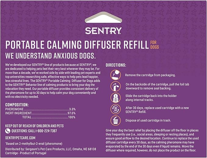 Sentry Behavior Portable Calming Diffuser Refill for Dogs, Reduces Stress and Bad Behavior with Calming Phereomones, Easy-to-use Portable Design, 60 Day Release