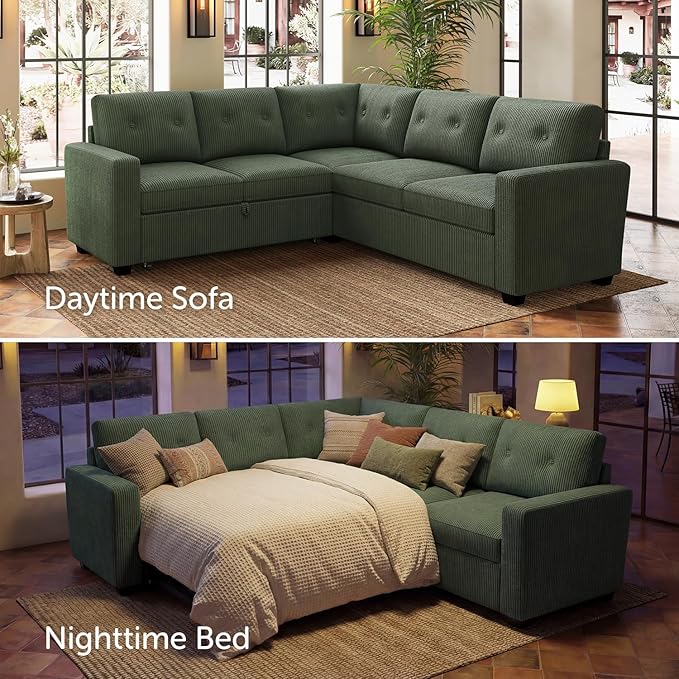 HONBAY 83.4 Inch U-Shaped Sectional Sleeper Sofa with Pull-Out Bed, 5-Seater Sectional Sofa for Living Room, Pet-Resistant Corduroy Couch, Green